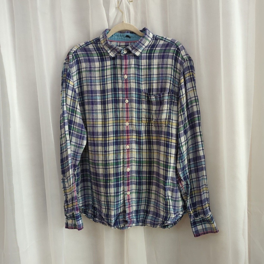 Tommy Bahama Shirt Mens L Plaid Linen Button Down